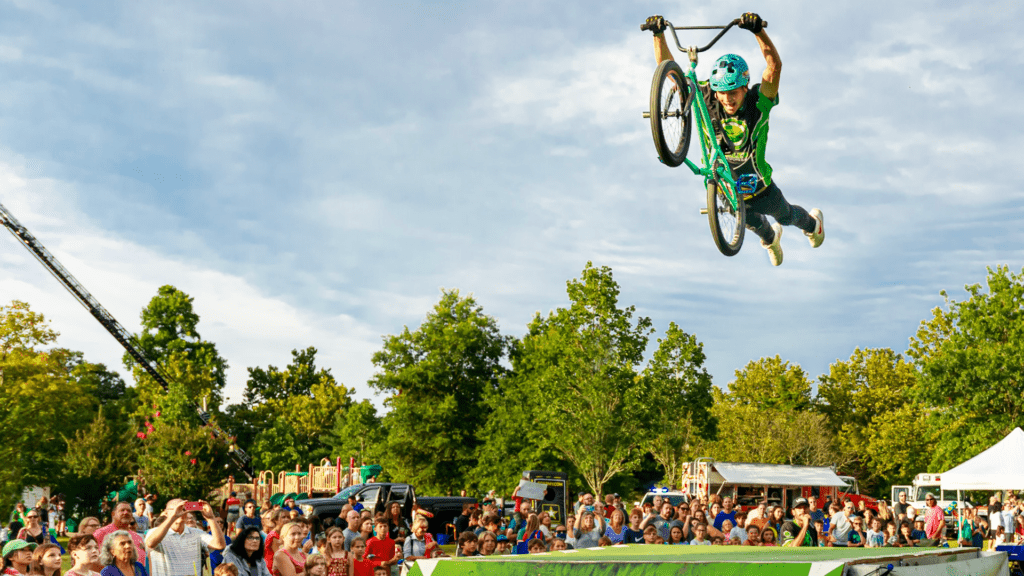 Huge Superman during a BMX stunt show at a large fair in Eastern Maryland