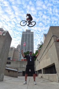 Andrei Burton flying high over the Detroit Grand Prix