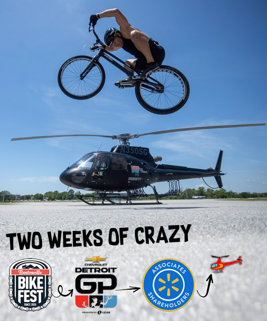Andrei Burton jumps a helicopter on his mountain bike in bentonville arkansas